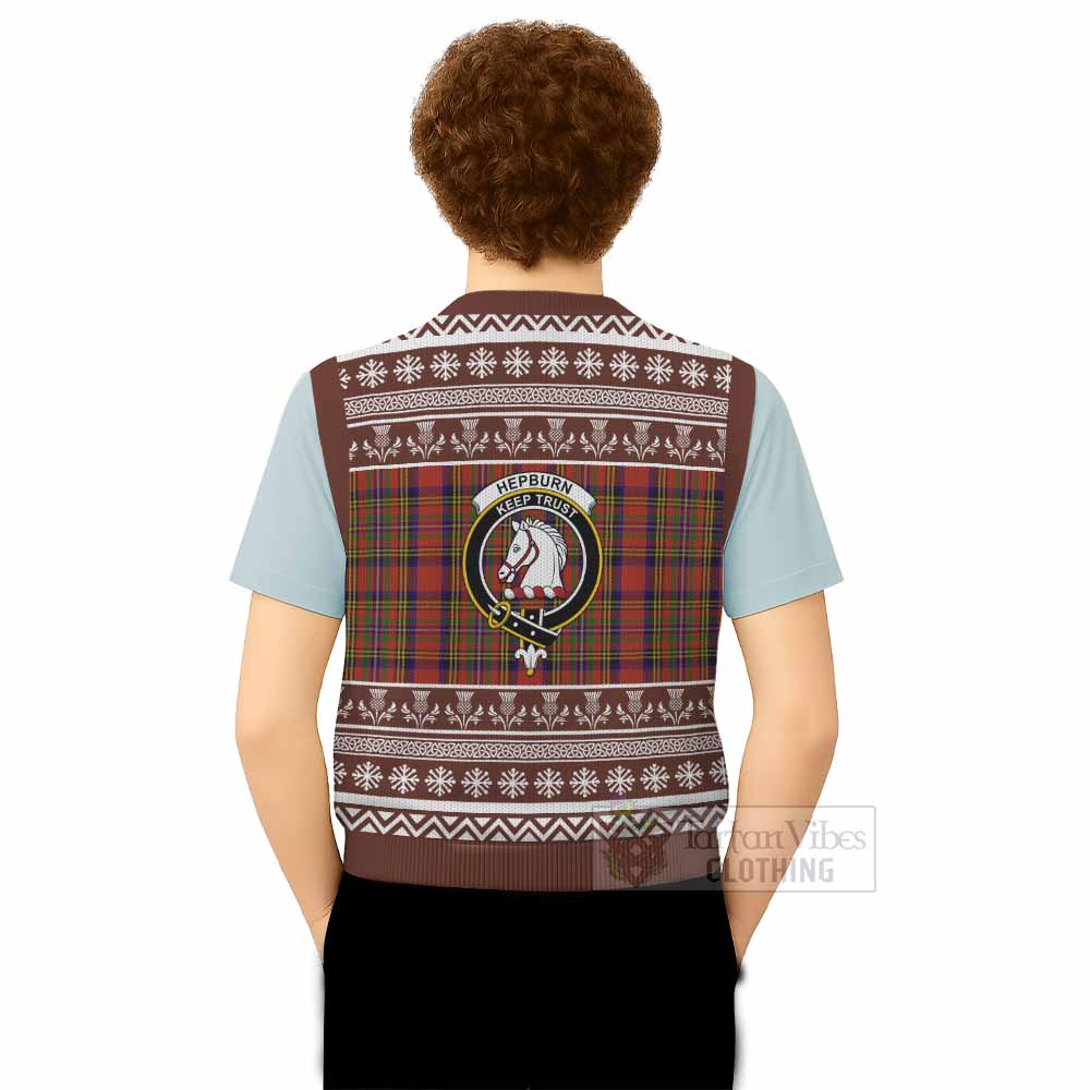 Hepburn Clan Tartan Christmas Knitted V-Neck Vest with Family Crest - Tartan Vibes Clothing