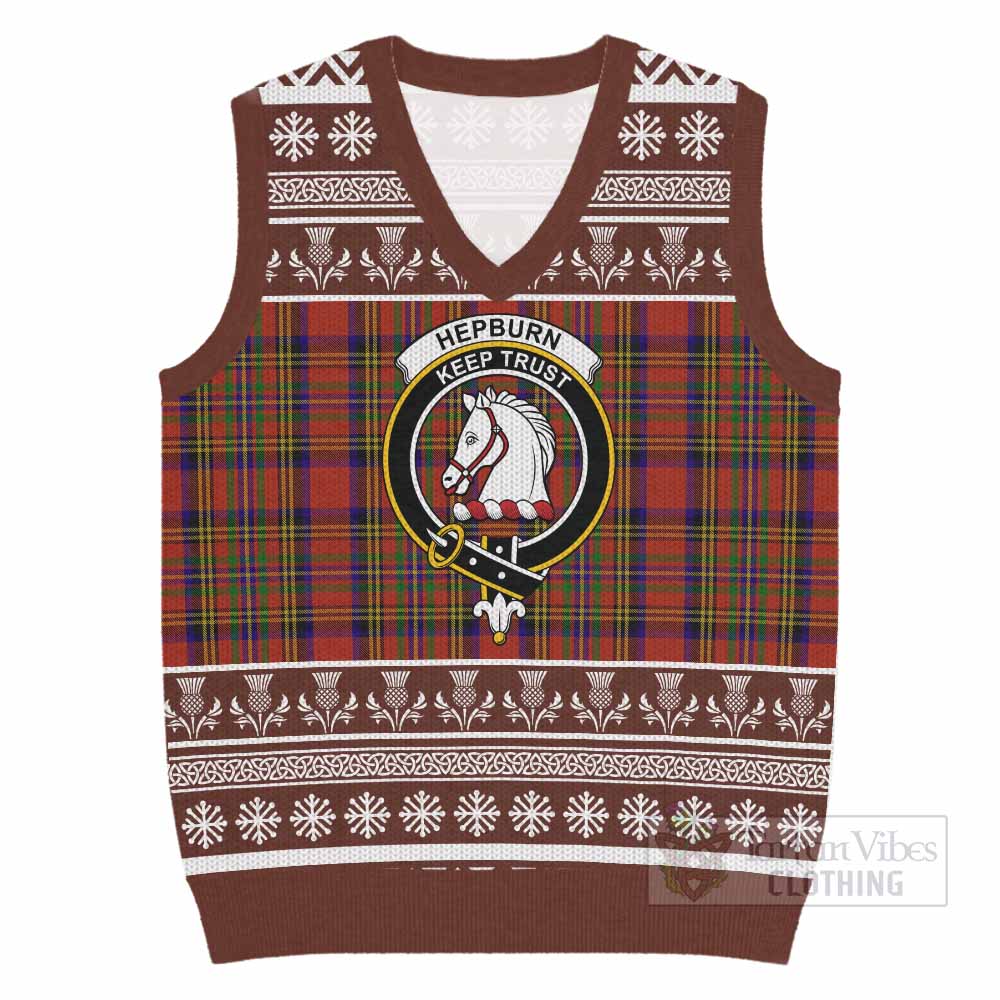Hepburn Clan Tartan Christmas Knitted V-Neck Vest with Family Crest - Tartan Vibes Clothing