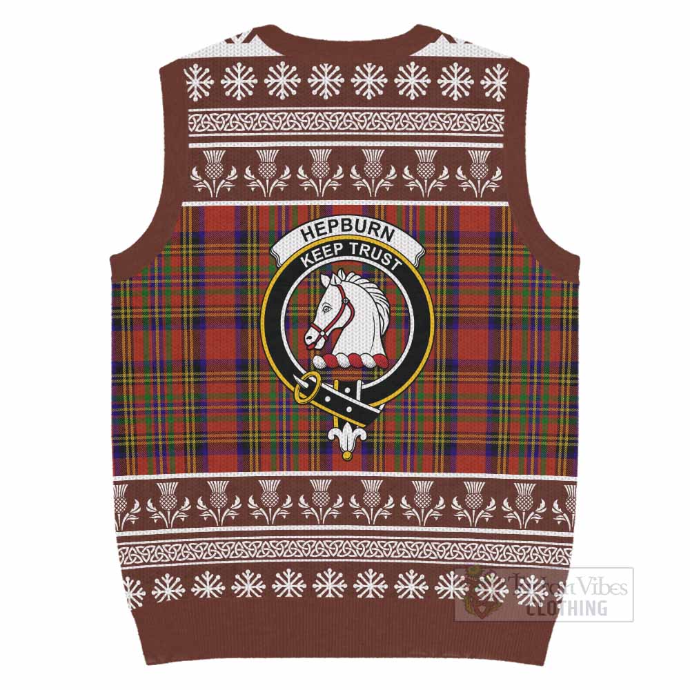 Hepburn Clan Tartan Christmas Knitted V-Neck Vest with Family Crest - Tartan Vibes Clothing