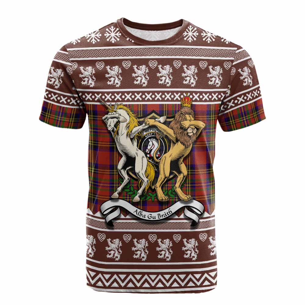 Hepburn Clan Tartan Crest Christmas Cotton T-shirt Coat of Arms Funny Style - Tartan Vibes Clothing