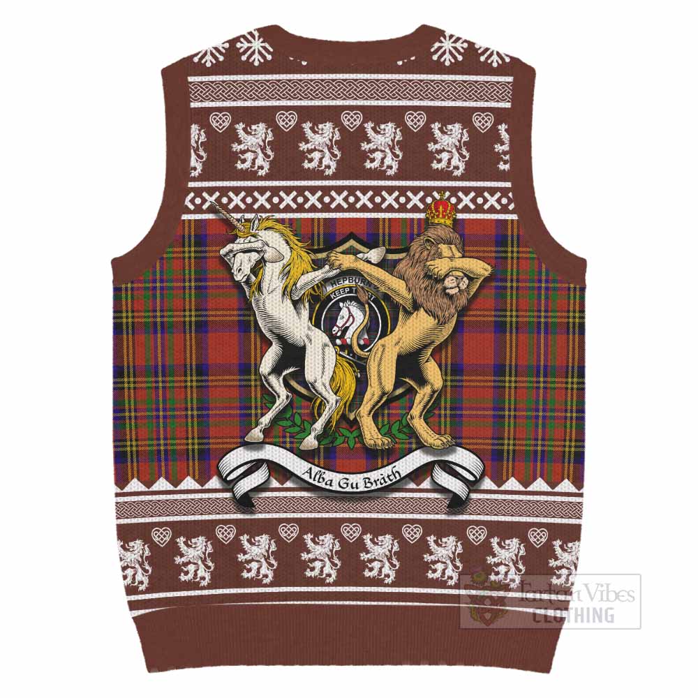 Hepburn Clan Tartan Crest Christmas Knitted V-Neck Vest Coat of Arms Funny Style - Tartan Vibes Clothing