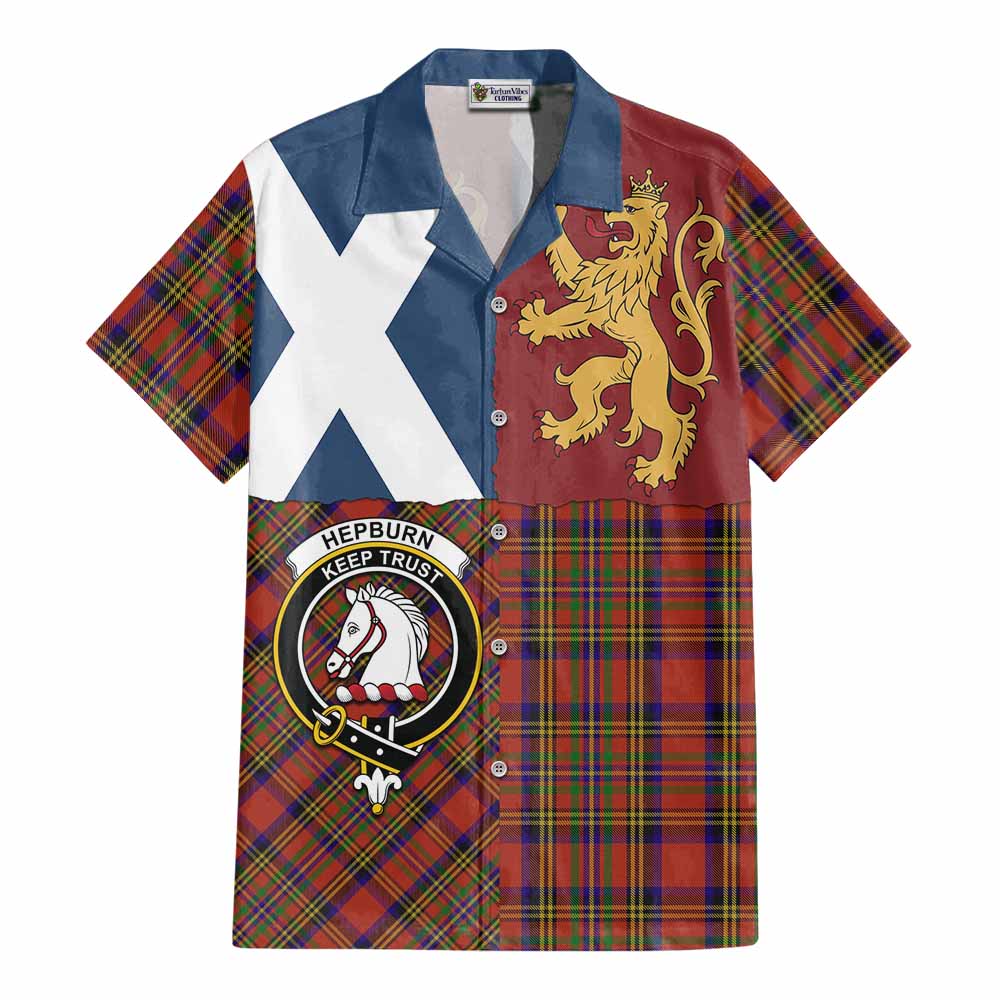 Hepburn Crest Tartan Cotton Hawaiian Shirt with Lion Rampant Saltire Style - Tartan Vibes Clothing