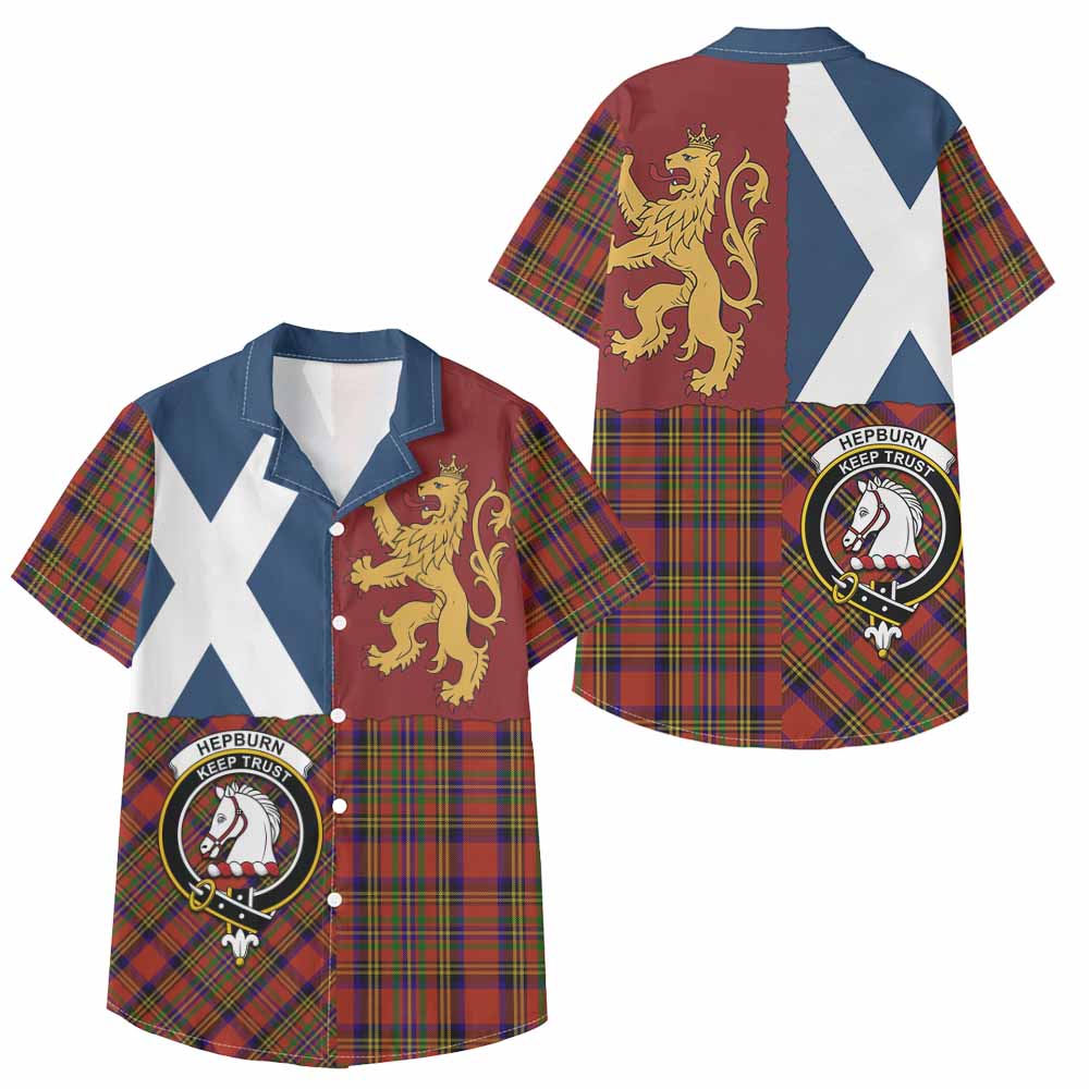 Hepburn Crest Tartan Kid Hawaiian Shirt with Lion Rampant Saltire Style - Tartan Vibes Clothing