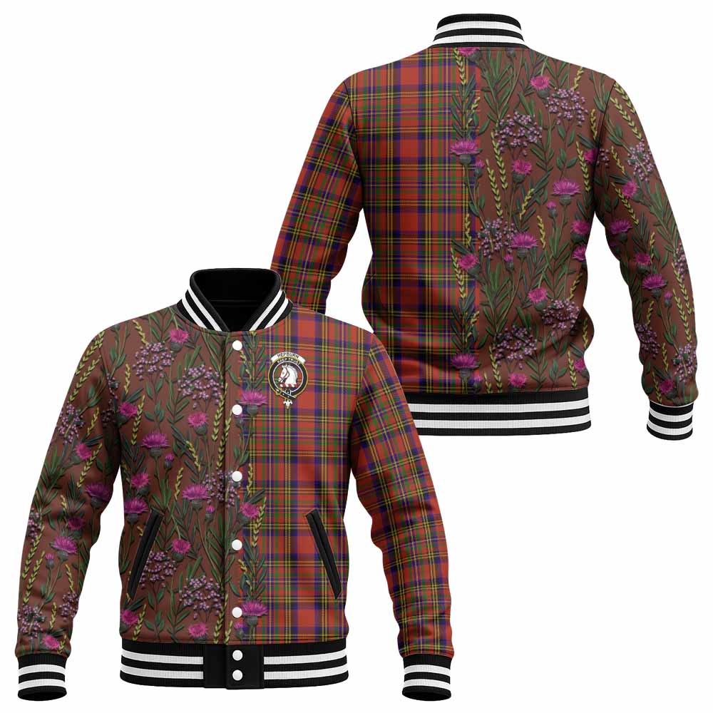Hepburn Family Crest Tartan Baseball Jacket Scottish Thistle Flower Pattern Half Style - Tartan Vibes Clothing