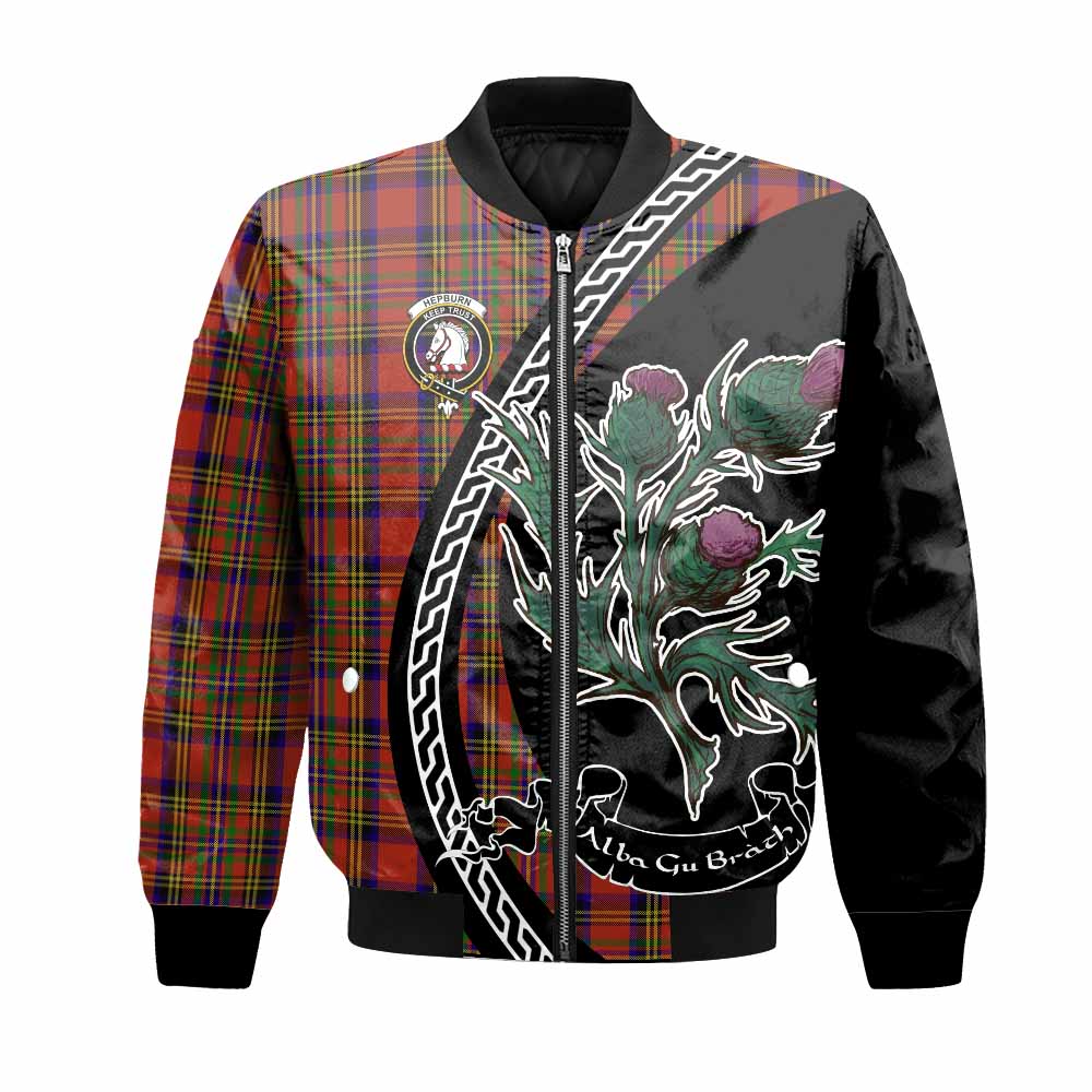 Hepburn Family Crest Tartan Bomber Jacket Alba Thistle Inspired - Tartan Vibes Clothing