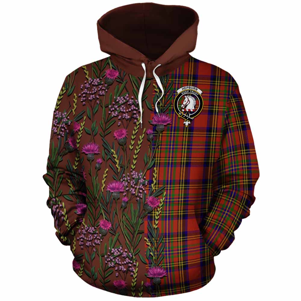 Hepburn Family Crest Tartan Cotton Hoodie Scottish Thistle Flower Pattern Half Style - Tartan Vibes Clothing