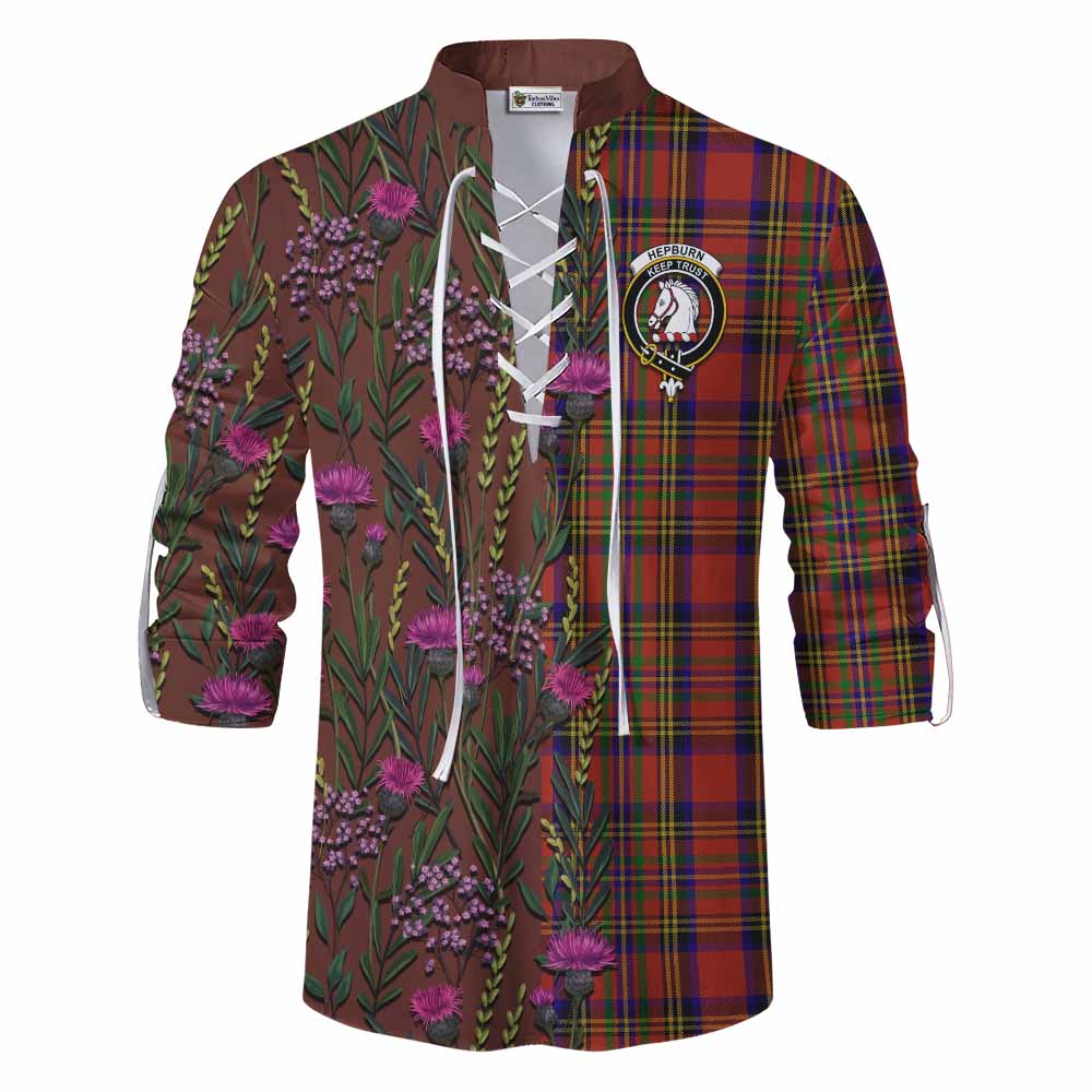Hepburn Family Crest Tartan Ghillie Shirt Scottish Thistle Flower Pattern Half Style - Tartan Vibes Clothing
