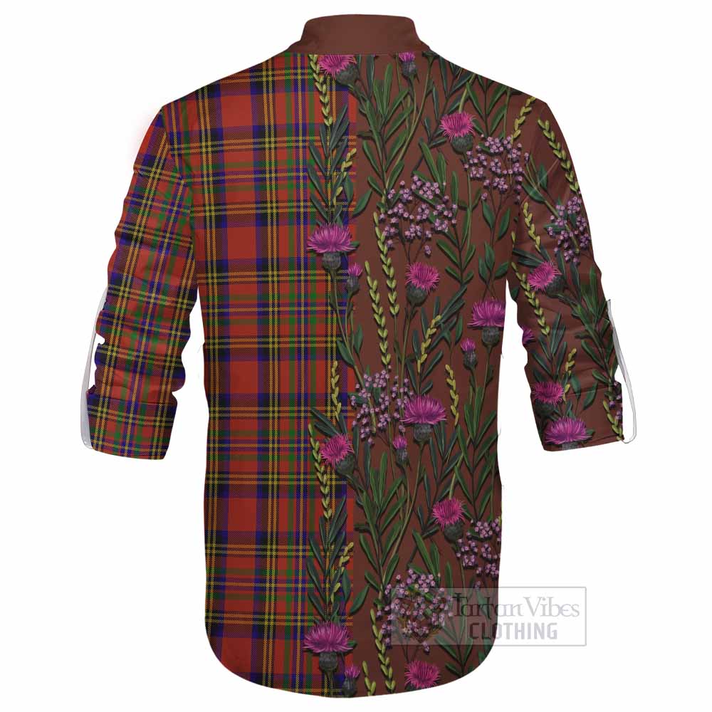 Hepburn Family Crest Tartan Ghillie Shirt Scottish Thistle Flower Pattern Half Style - Tartan Vibes Clothing