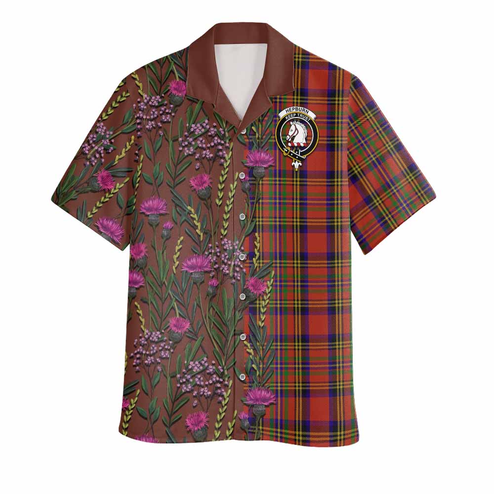 Hepburn Family Crest Tartan Hawaiian Shirt Scottish Thistle Flower Pattern Half Style - Tartan Vibes Clothing