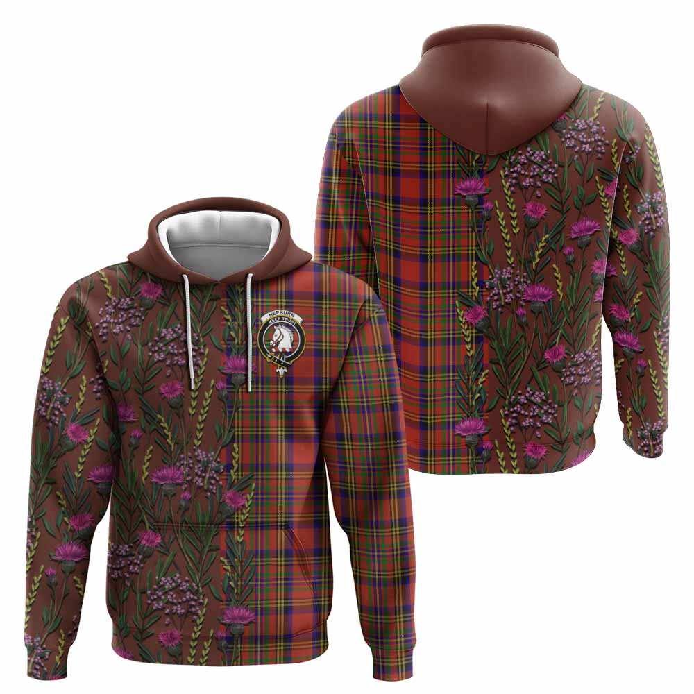 Hepburn Family Crest Tartan Hoodie Scottish Thistle Flower Pattern Half Style - Tartan Vibes Clothing
