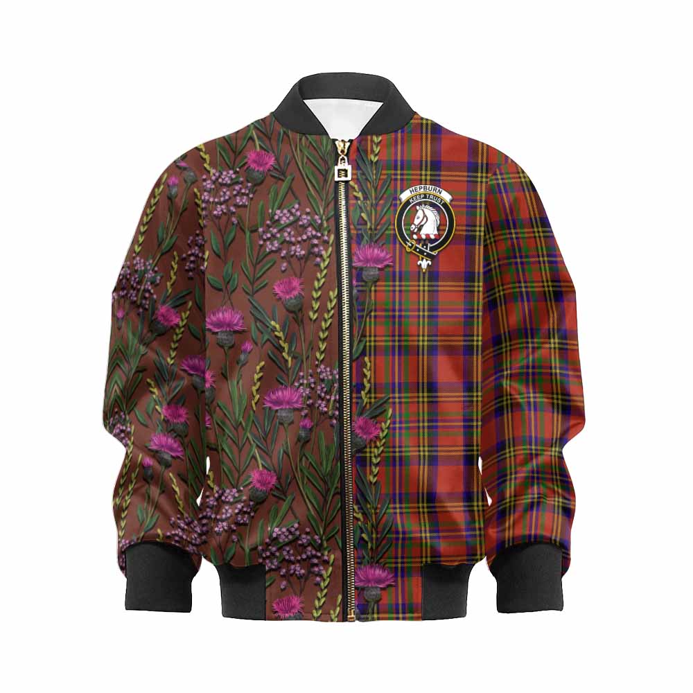 Hepburn Family Crest Tartan Kid Bomber Jacket Scottish Thistle Flower Pattern Half Style - Tartan Vibes Clothing