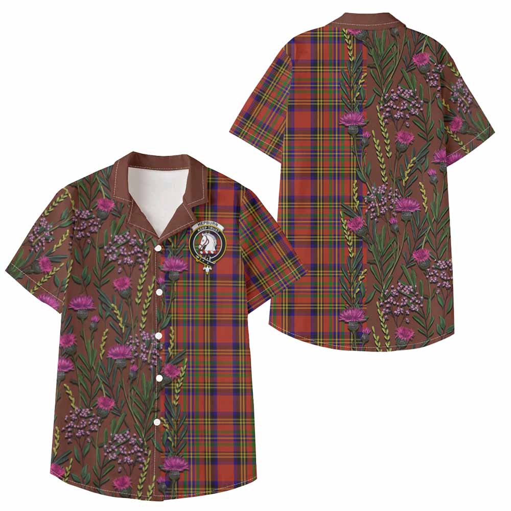 Hepburn Family Crest Tartan Kid Hawaiian Shirt Scottish Thistle Flower Pattern Half Style - Tartan Vibes Clothing