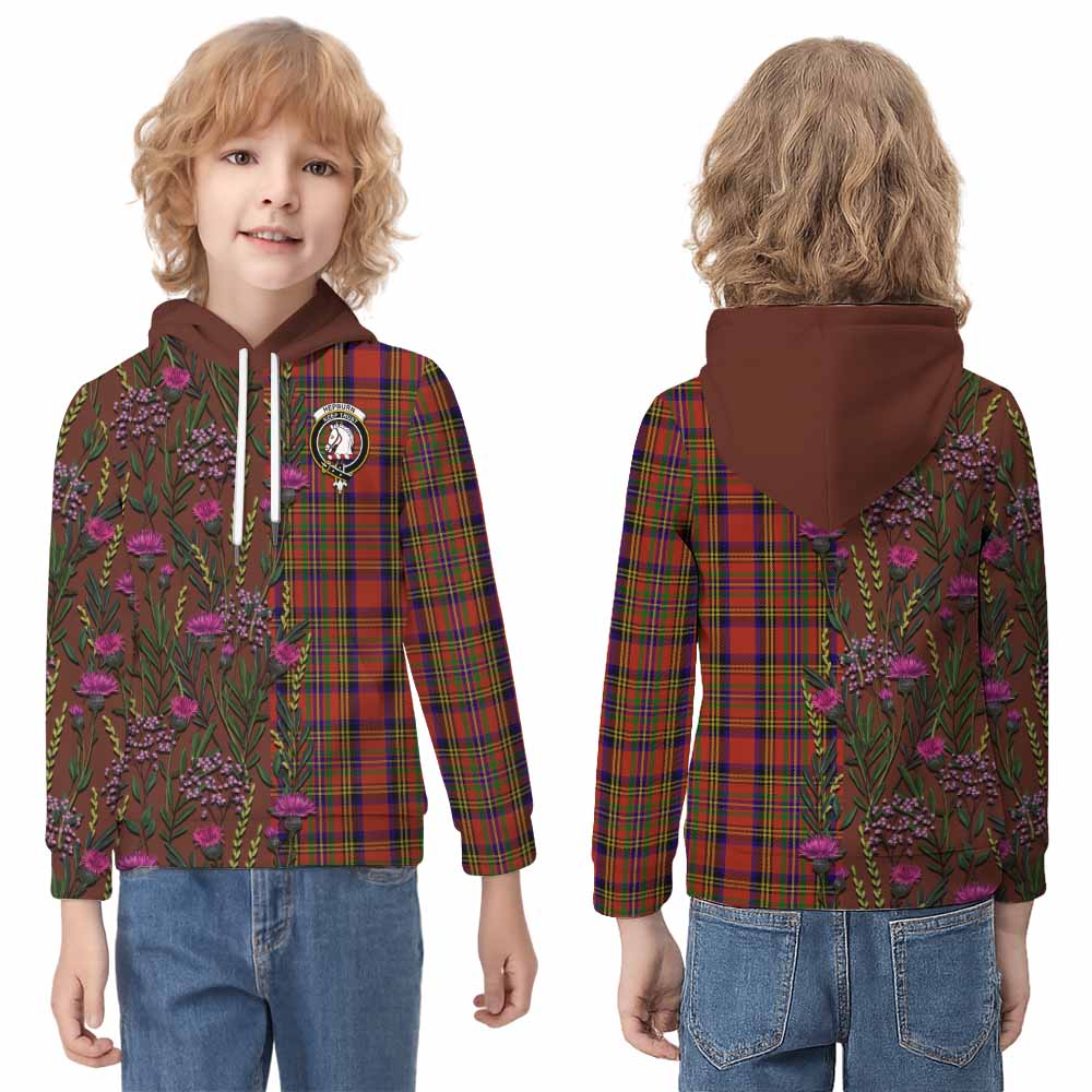 Hepburn Family Crest Tartan Kid Hoodie Scottish Thistle Flower Pattern Half Style - Tartan Vibes Clothing