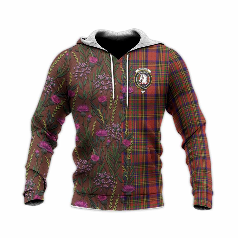 Hepburn Family Crest Tartan Knitted Hoodie Scottish Thistle Flower Pattern Half Style - Tartan Vibes Clothing
