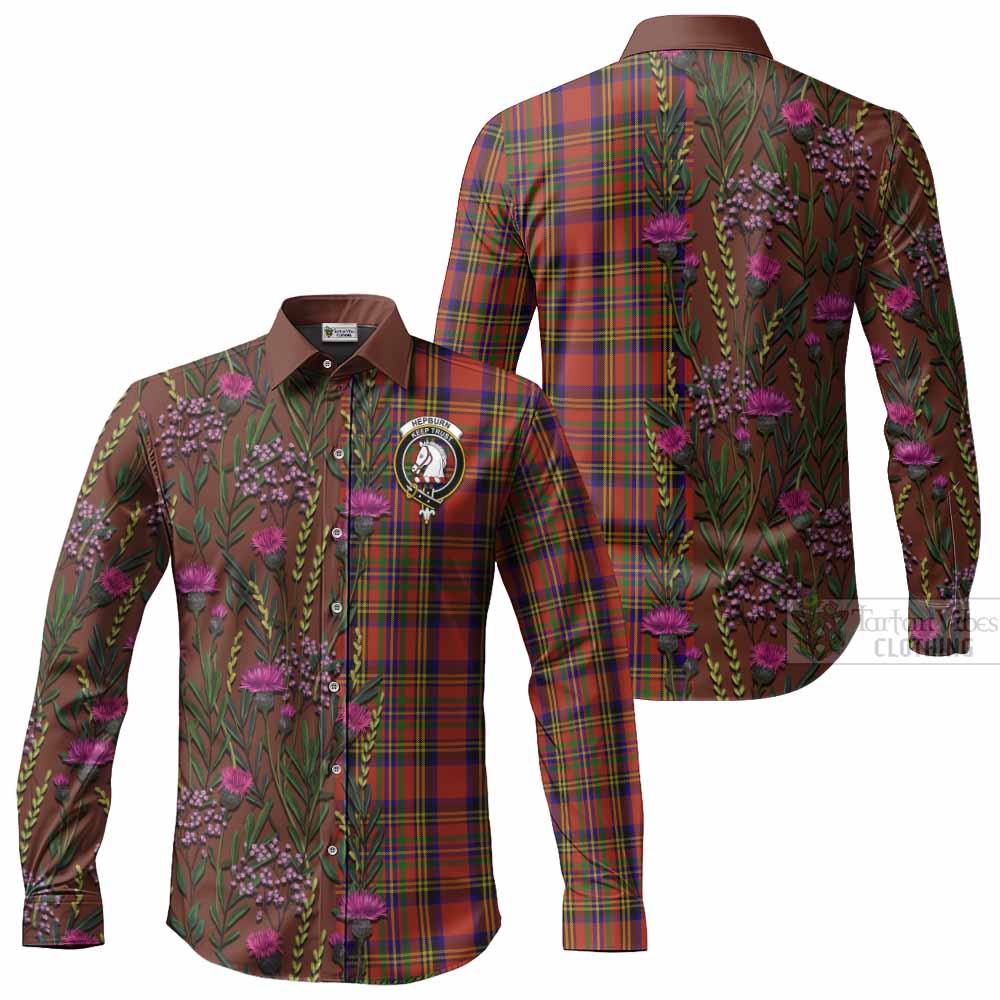 Hepburn Family Crest Tartan Long Sleeve Button Shirts Scottish Thistle Flower Pattern Half Style - Tartan Vibes Clothing
