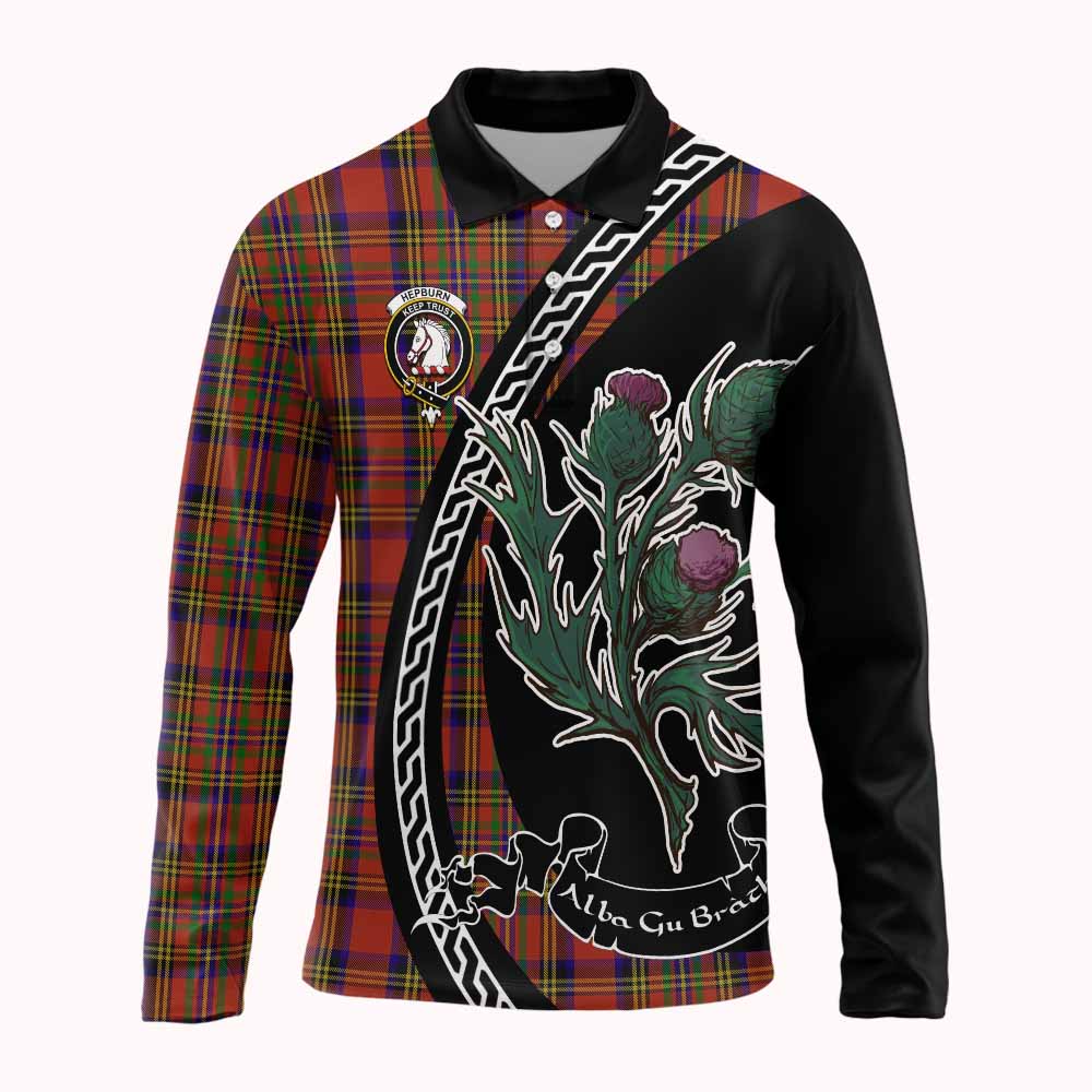 Hepburn Family Crest Tartan Long Sleeve Polo Shirt Alba Thistle Inspired - Tartan Vibes Clothing