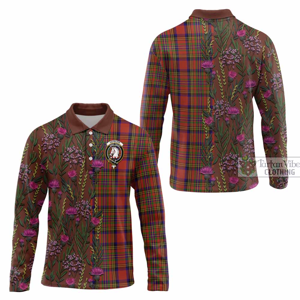 Hepburn Family Crest Tartan Long Sleeve Polo Shirt Scottish Thistle Flower Pattern Half Style - Tartan Vibes Clothing
