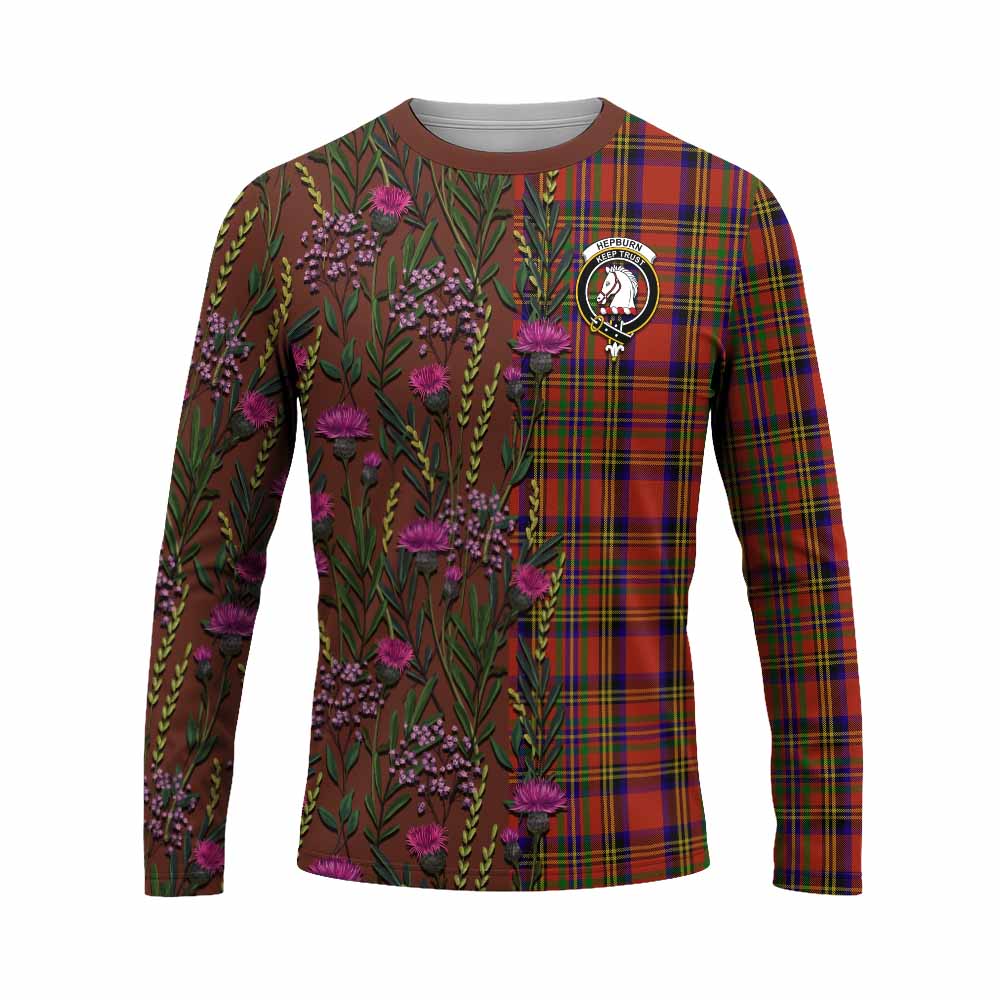 Hepburn Family Crest Tartan Long Sleeve T-Shirt Scottish Thistle Flower Pattern Half Style - Tartan Vibes Clothing