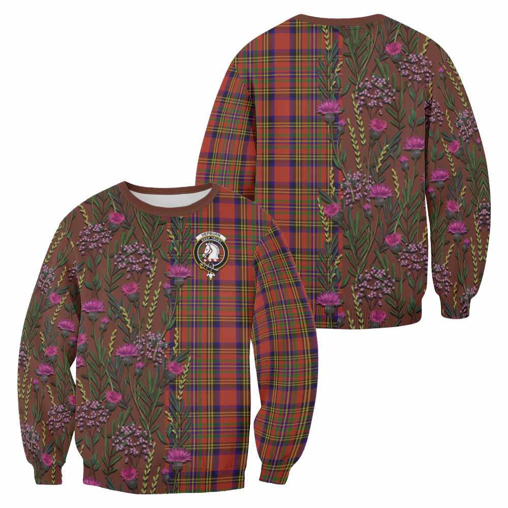 Hepburn Family Crest Tartan Sweatshirt Scottish Thistle Flower Pattern Half Style - Tartan Vibes Clothing