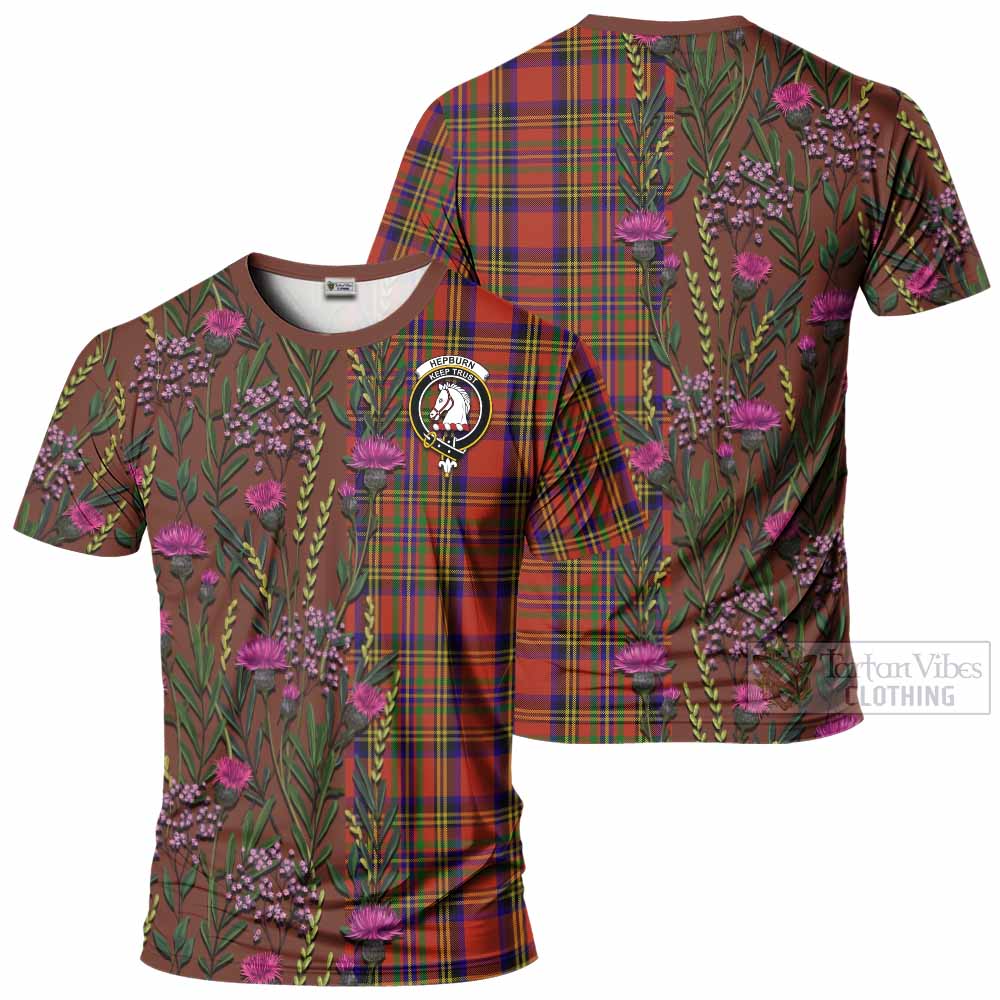 Hepburn Family Crest Tartan T-Shirt Scottish Thistle Flower Pattern Half Style - Tartan Vibes Clothing