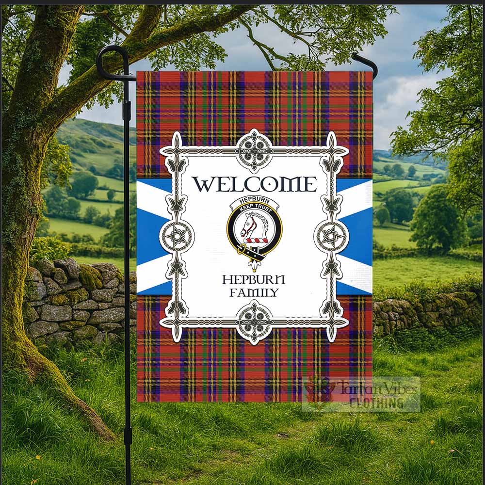 Hepburn Family Crest Tartan Welcome Garden Flag Saltire Harmony Style - Tartan Vibes Clothing
