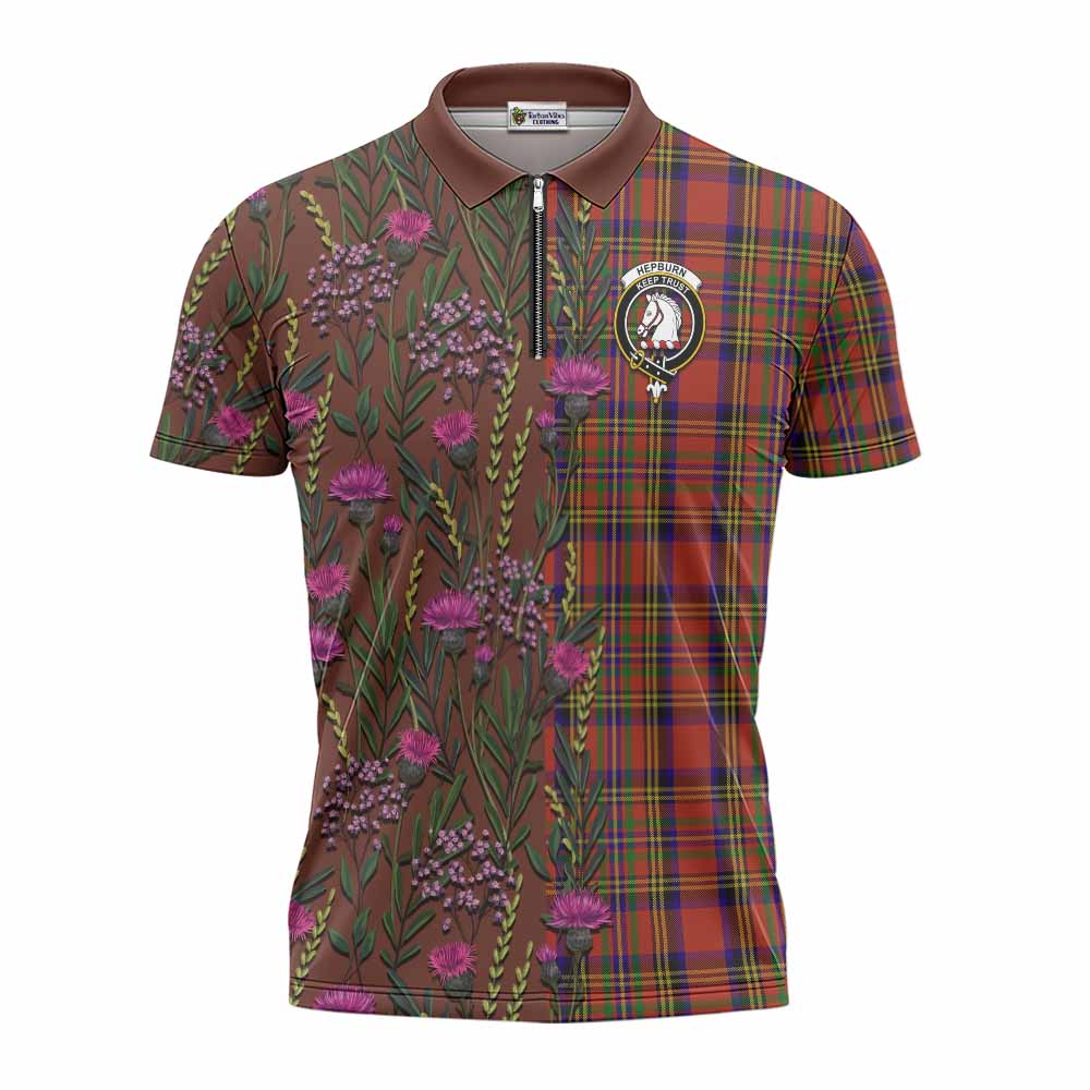 Hepburn Family Crest Tartan Zipper Polo Shirt Scottish Thistle Flower Pattern Half Style - Tartan Vibes Clothing