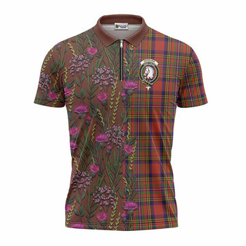 Hepburn Family Crest Tartan Zipper Polo Shirt Scottish Thistle Flower Pattern Half Style