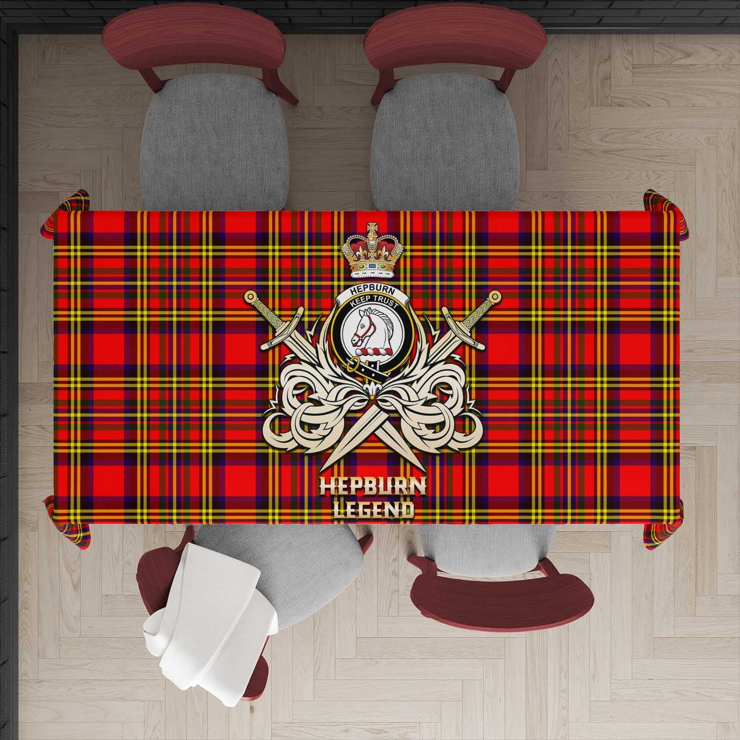 Tartan Vibes Clothing Hepburn Modern Tartan Tablecloth with Clan Crest and the Golden Sword of Courageous Legacy