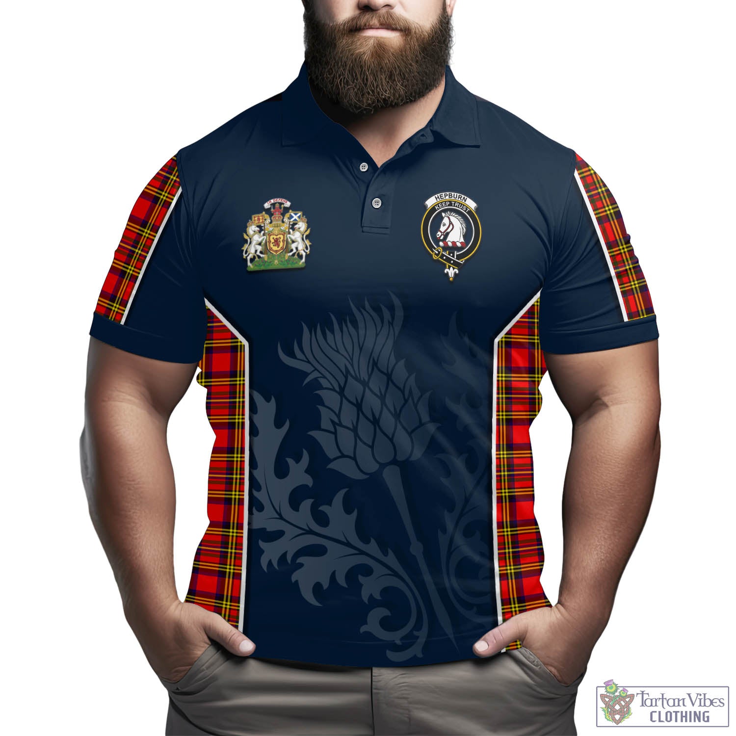 Tartan Vibes Clothing Hepburn Modern Tartan Men's Polo Shirt with Family Crest and Scottish Thistle Vibes Sport Style
