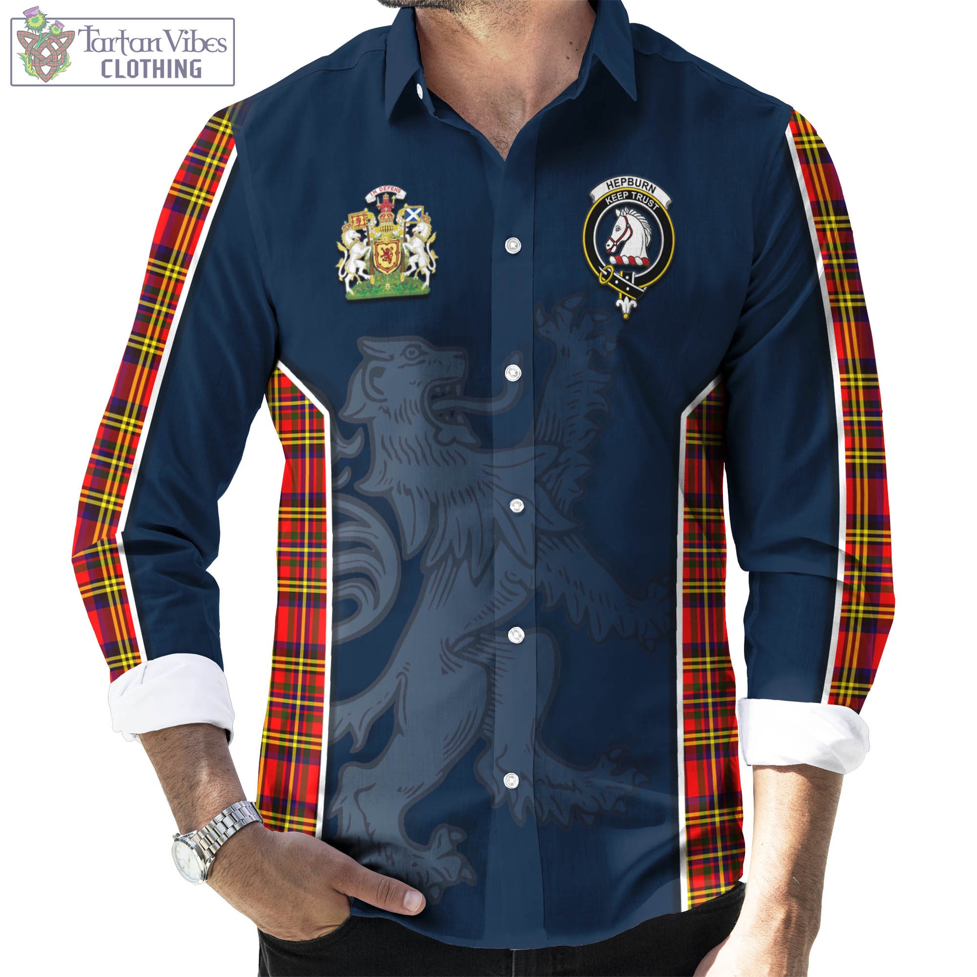 Tartan Vibes Clothing Hepburn Modern Tartan Long Sleeve Button Up Shirt with Family Crest and Lion Rampant Vibes Sport Style
