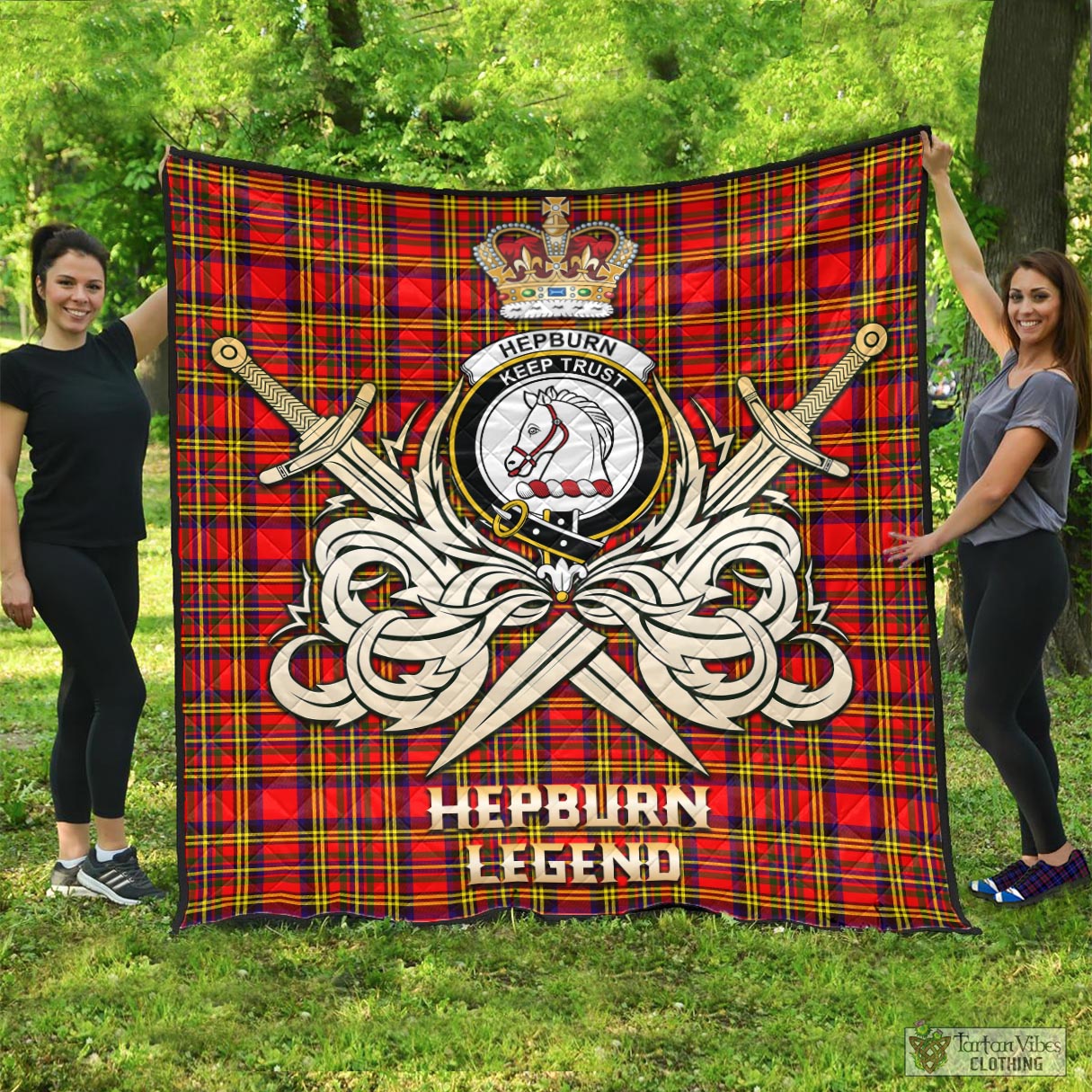 Tartan Vibes Clothing Hepburn Modern Tartan Quilt with Clan Crest and the Golden Sword of Courageous Legacy