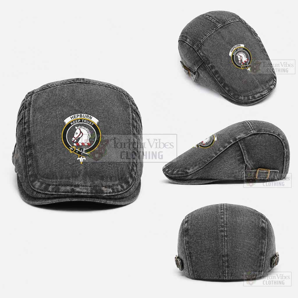 Hepburn Scottish Clan Crest Washed Flat Cap - Unisex Jeff Cap One Size (Adjustable) Black - Tartan Vibes Clothing
