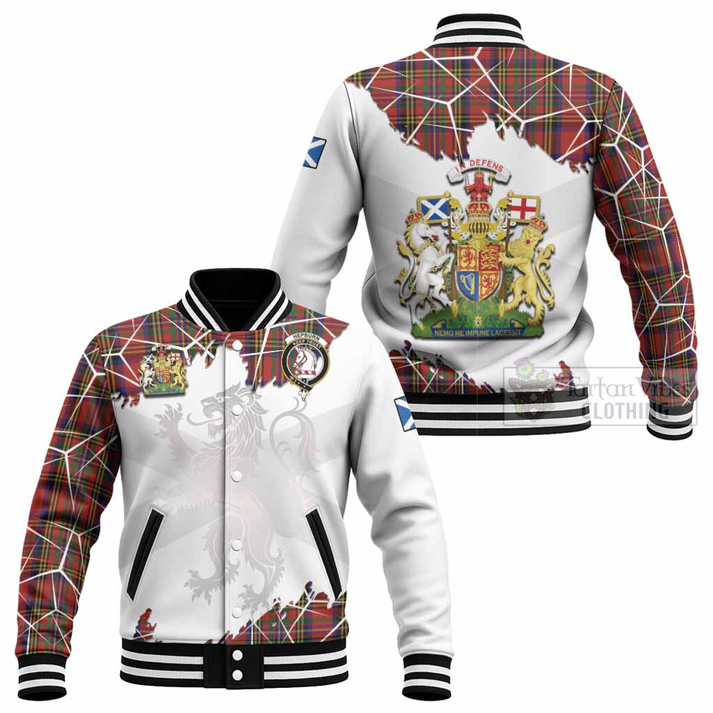 Hepburn Tartan Baseball Jacket with Family Crest and Lion Rampant Grunge Style