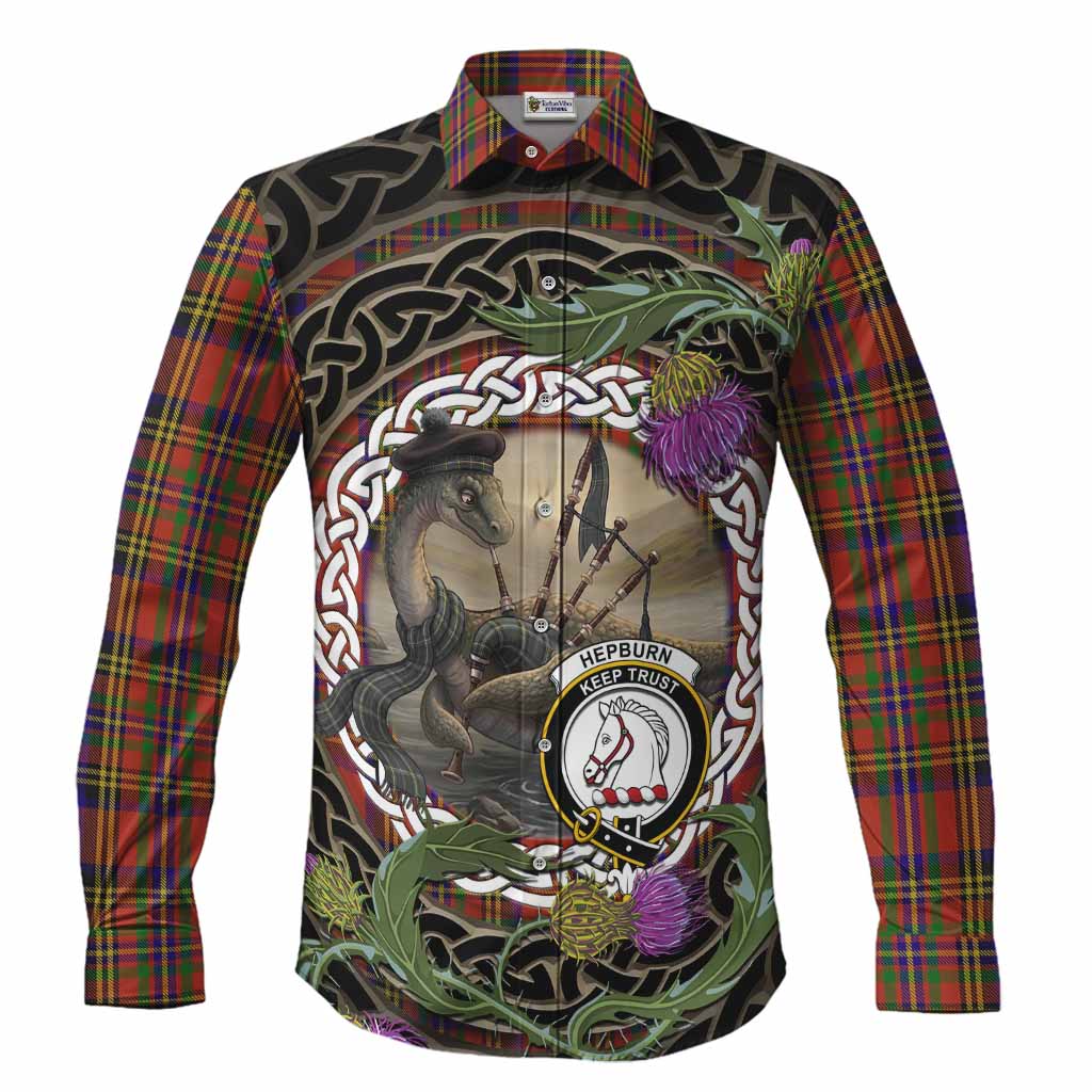 Hepburn Tartan Crest Bagpipe Nessie Long Sleeve Button Shirts Scottish Loch Ness Monster Celtic Thistle