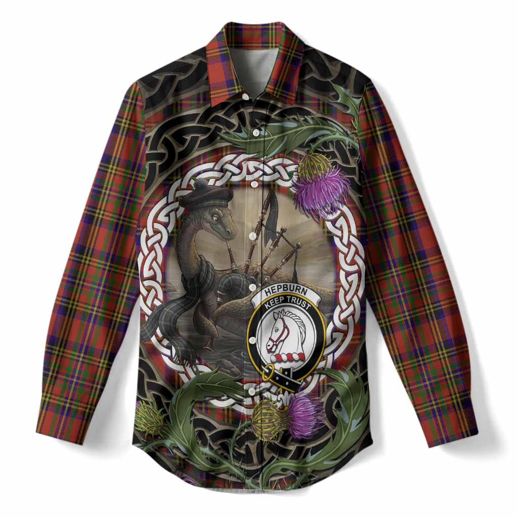 Hepburn Tartan Crest Bagpipe Nessie Women Casual Shirt Scottish Loch Ness Monster Celtic Thistle