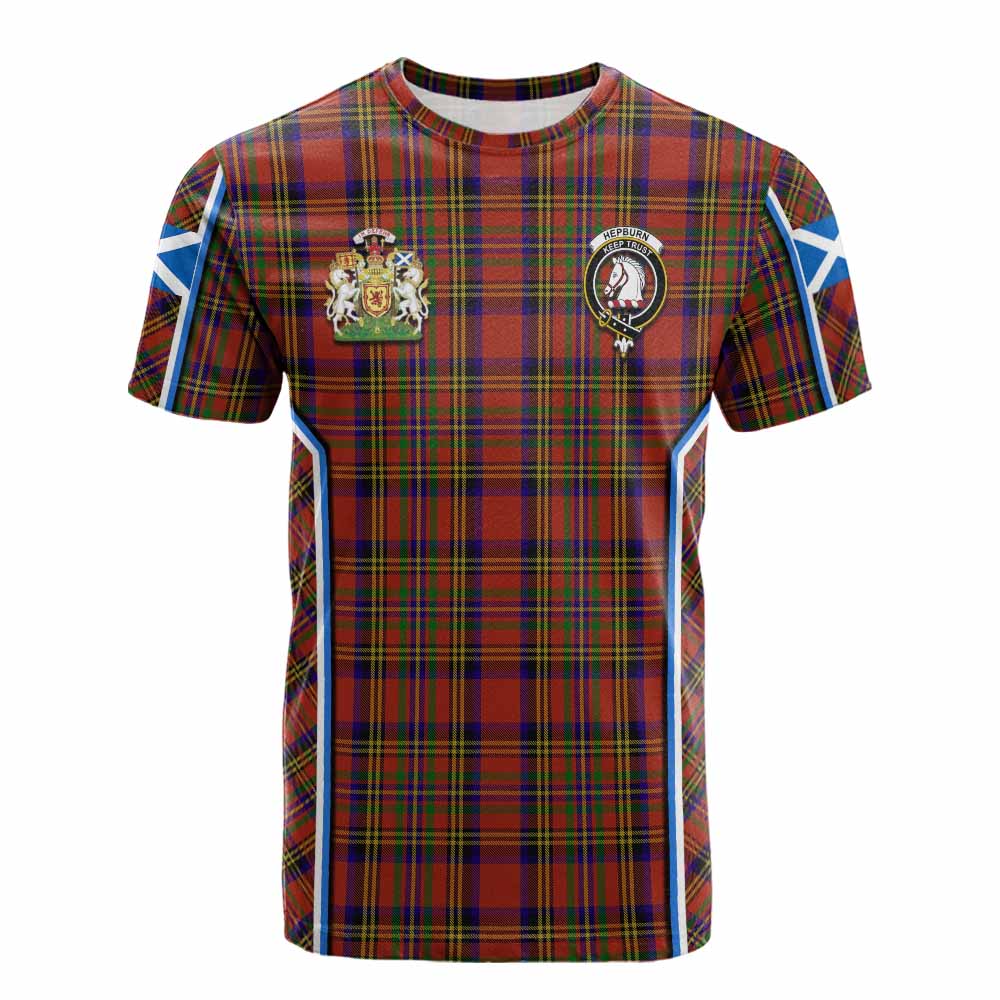 Hepburn Tartan Crest Cotton T-shirt Scotland Coat of Arm Flag Style - Tartan Vibes Clothing