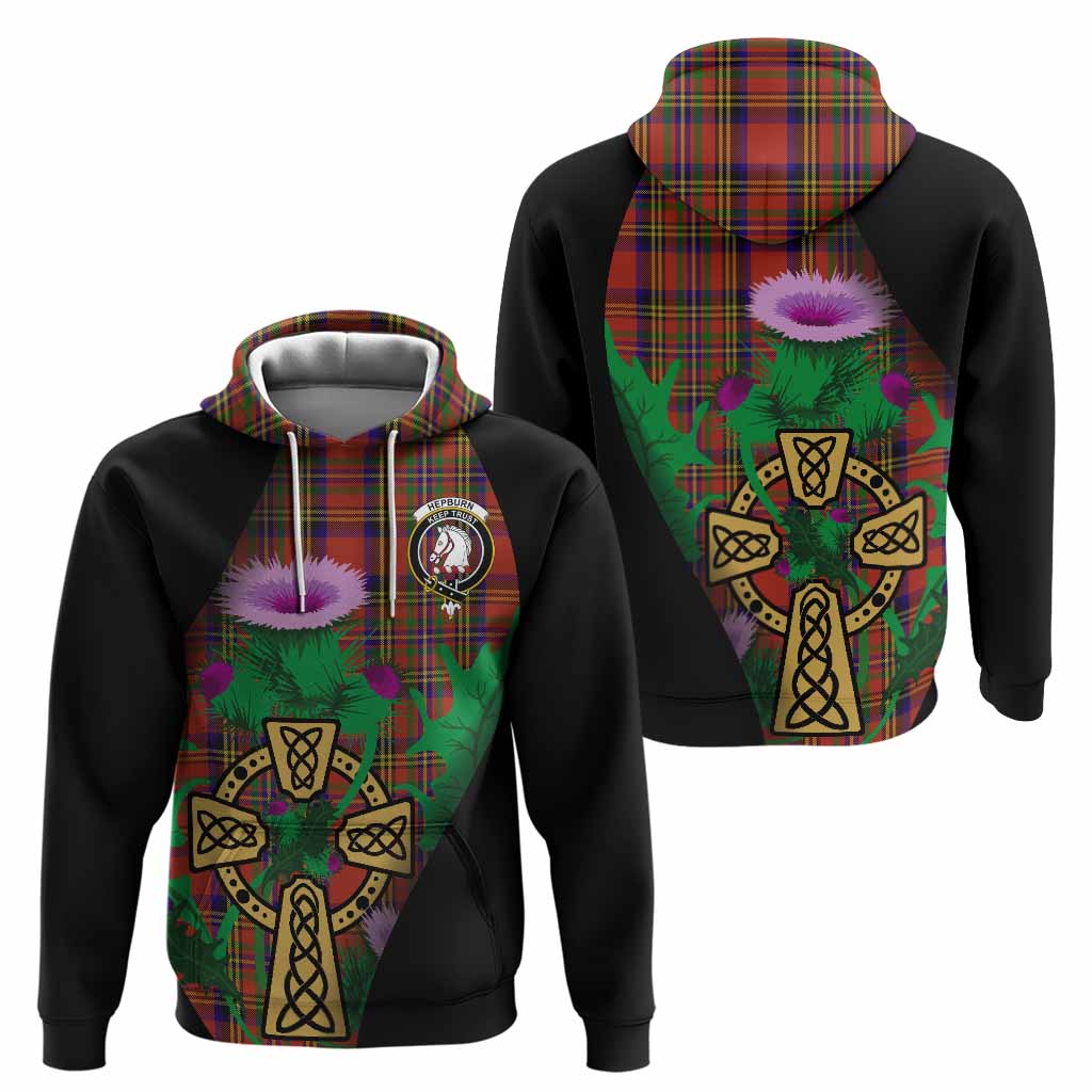 Hepburn Tartan Crest Hoodie Celtic Cross Thistle Flowers