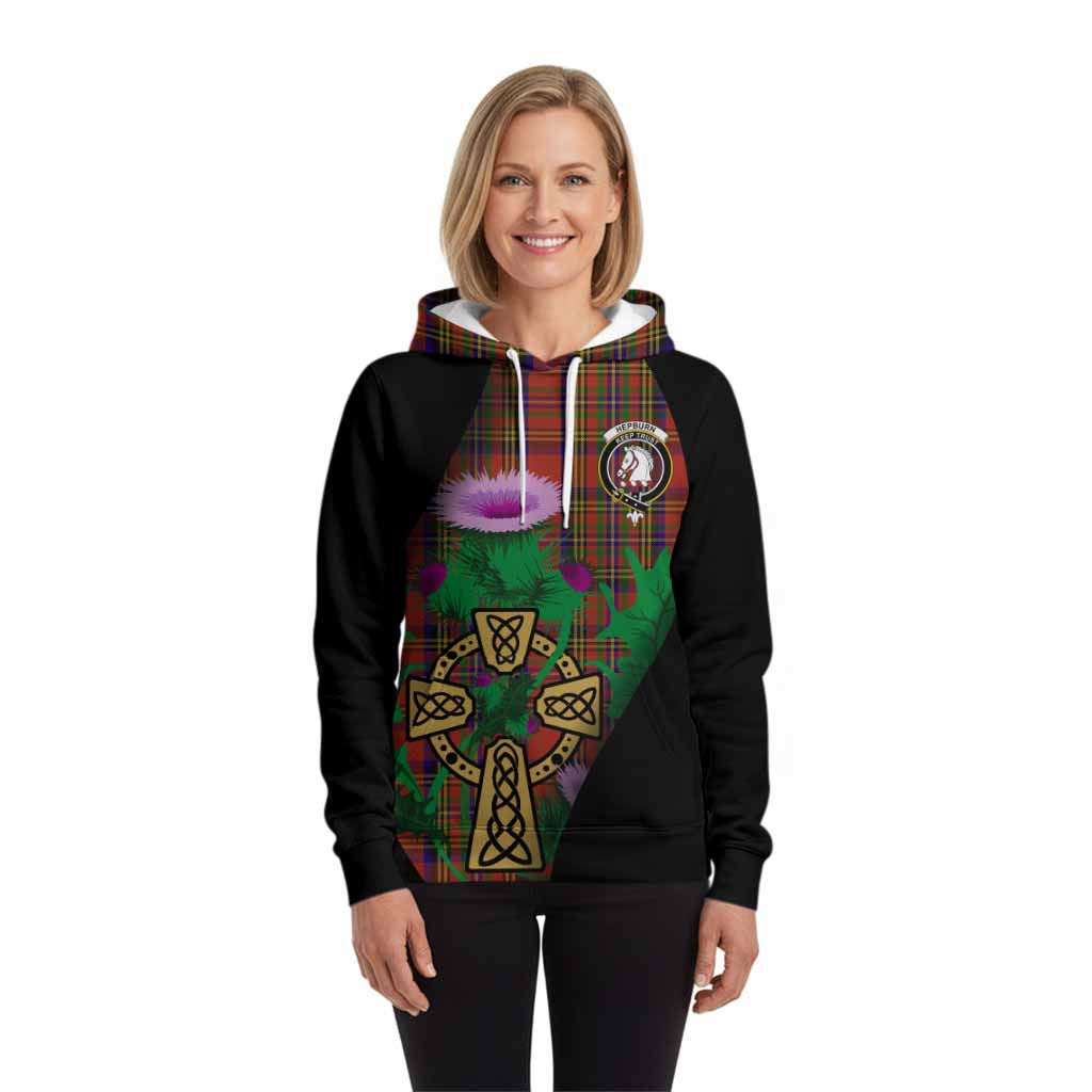 Hepburn Tartan Crest Hoodie Celtic Cross Thistle Flowers