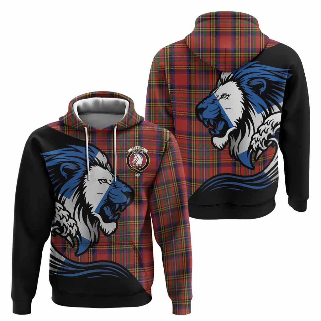Hepburn Tartan Crest Hoodie Scottish Golden Lions Wave Flow