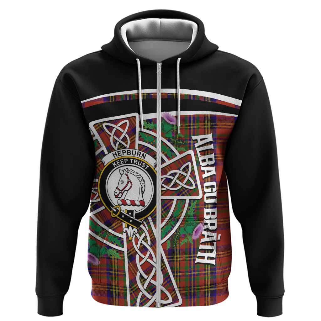 Hepburn Tartan Crest Hoodie Scottish Thistle Celtic Cross Alba Gu Brath