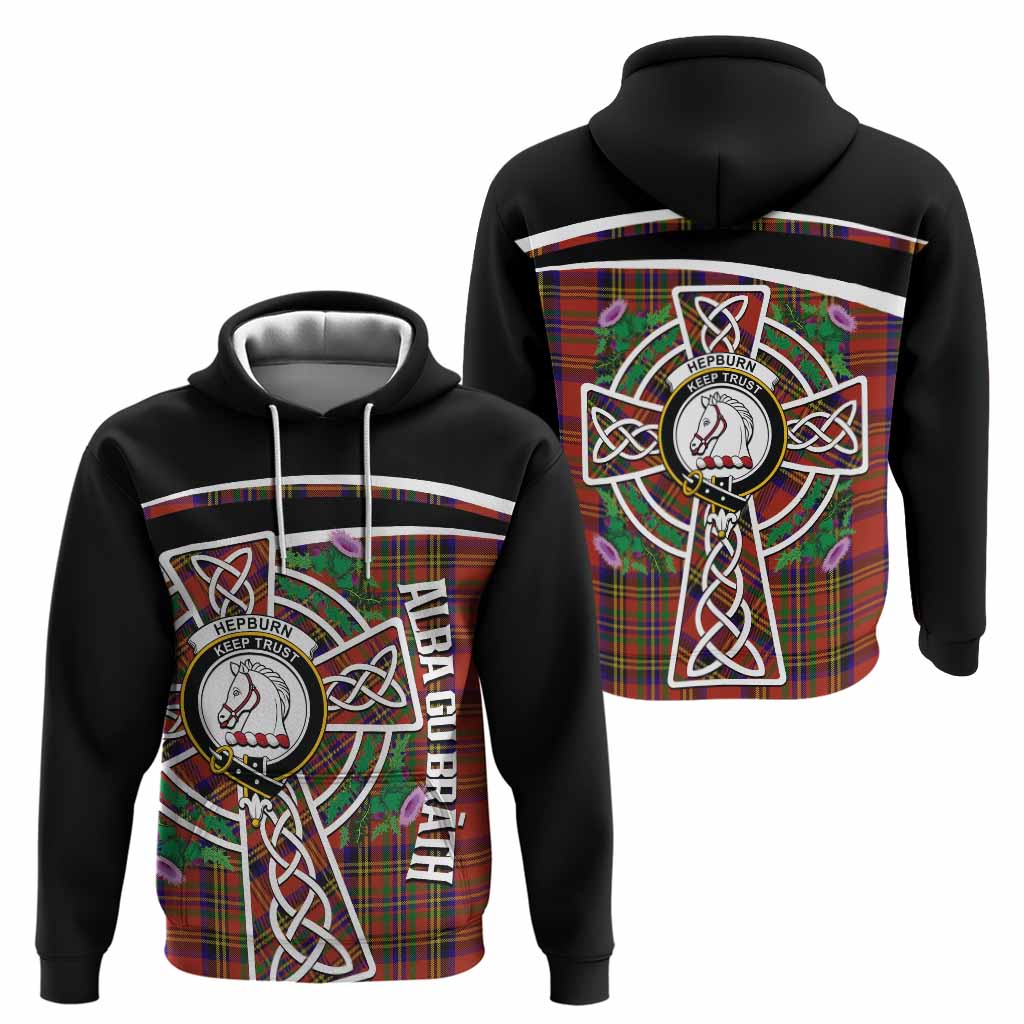 Hepburn Tartan Crest Hoodie Scottish Thistle Celtic Cross Alba Gu Brath