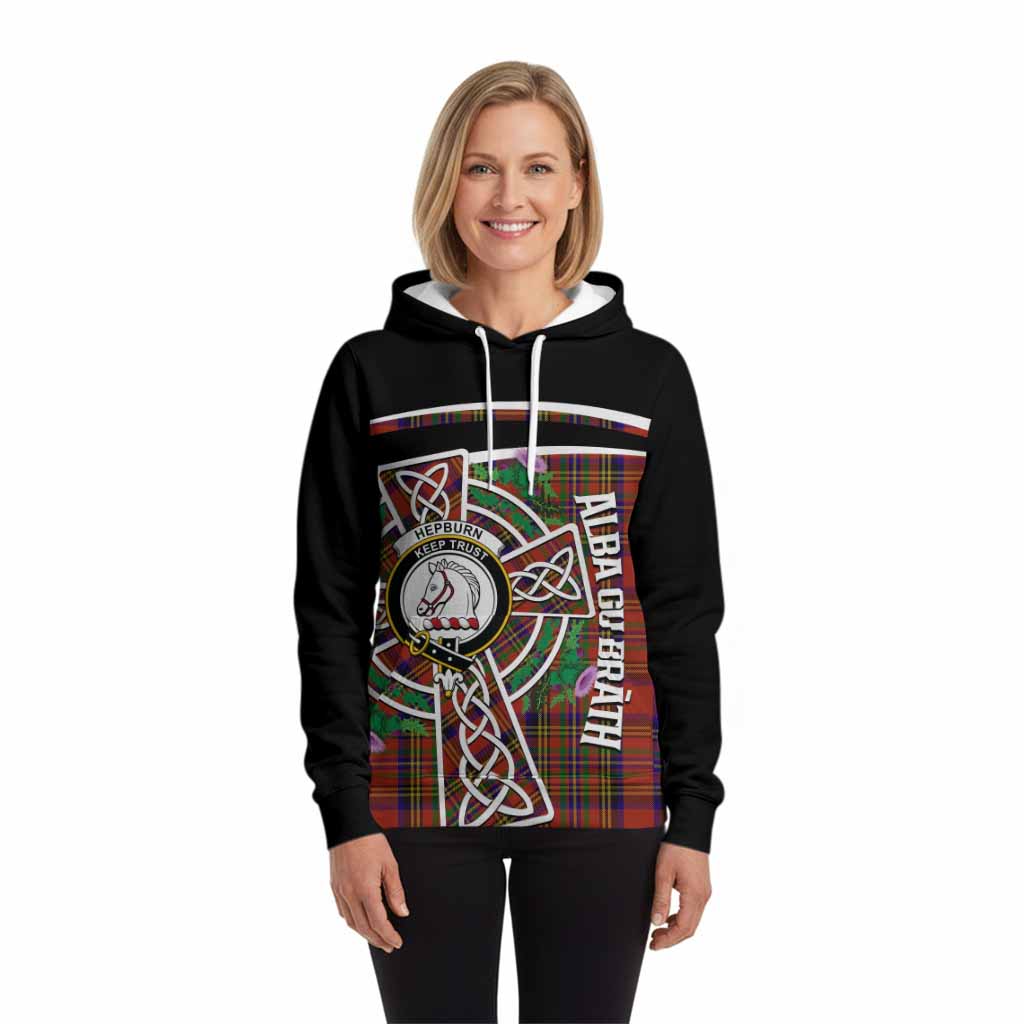 Hepburn Tartan Crest Hoodie Scottish Thistle Celtic Cross Alba Gu Brath