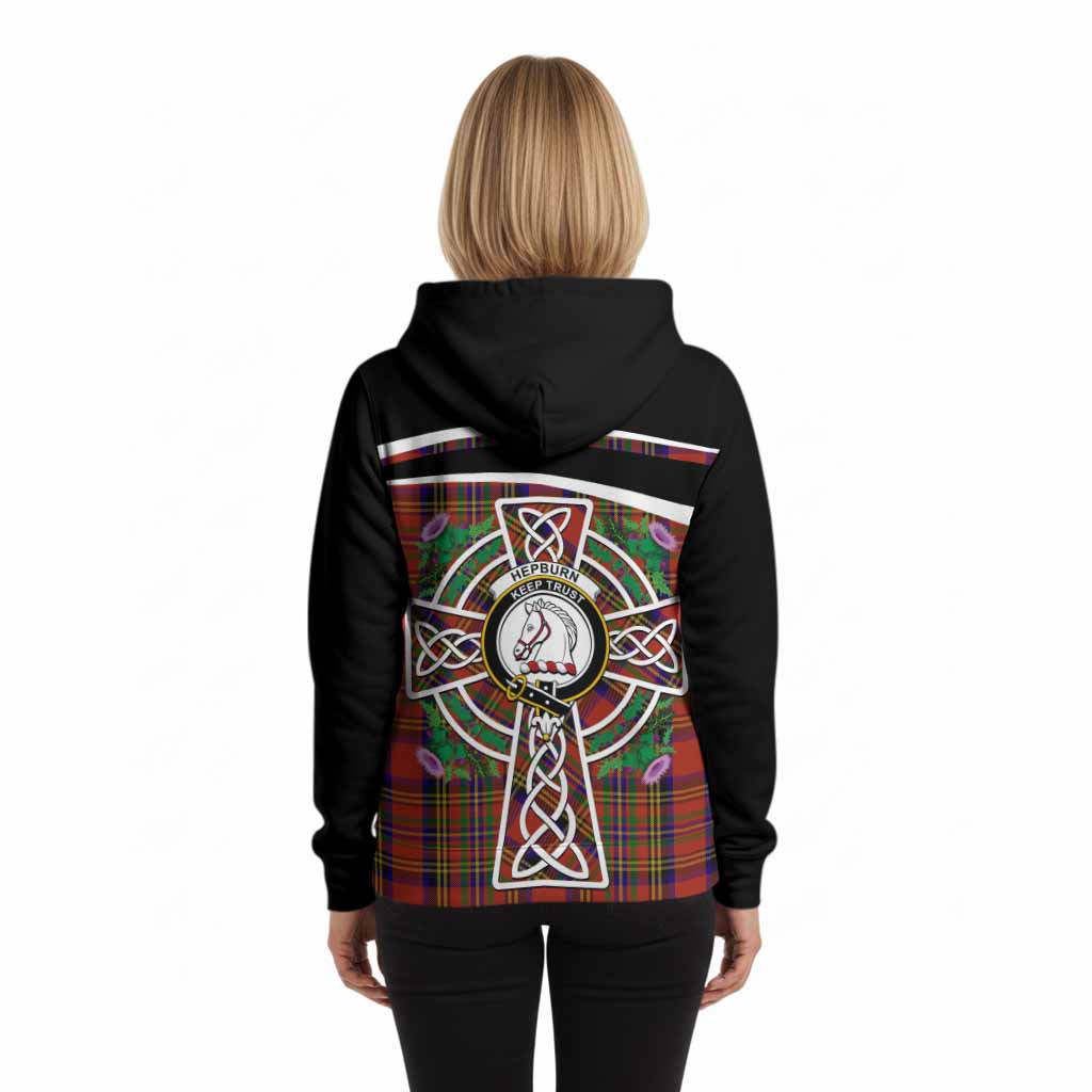 Hepburn Tartan Crest Hoodie Scottish Thistle Celtic Cross Alba Gu Brath