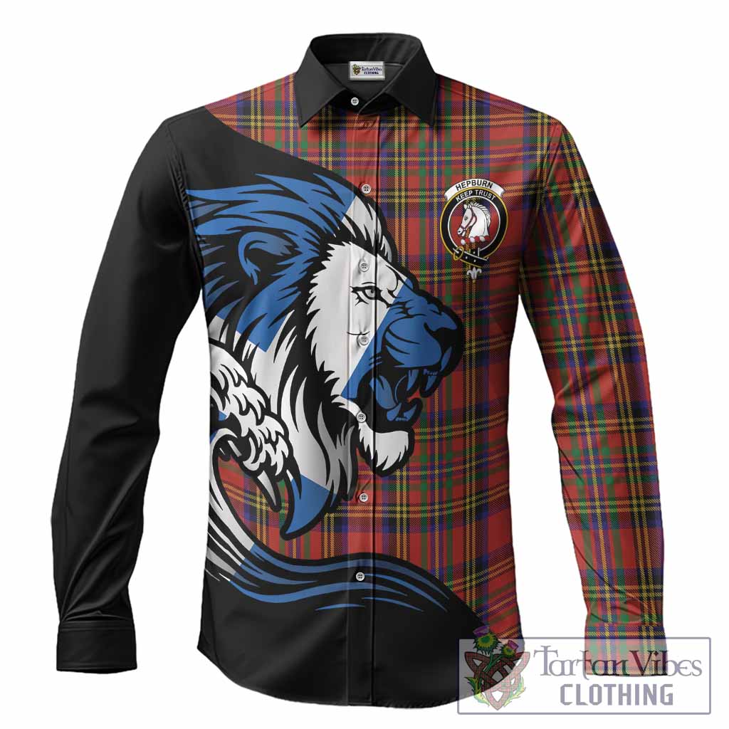 Hepburn Tartan Crest Long Sleeve Button Shirts Scottish Golden Lions Wave Flow