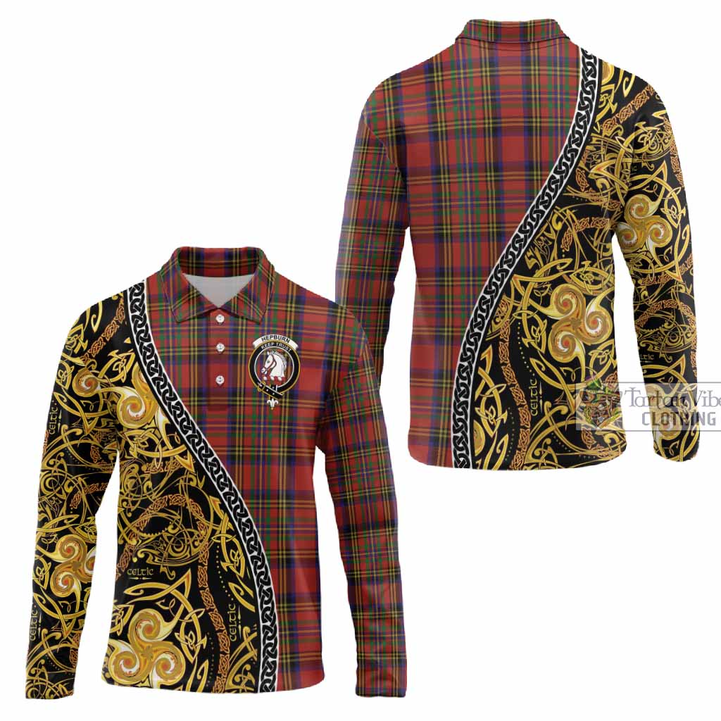 Hepburn Tartan Crest Long Sleeve Polo Shirt Celtic Knot and Triple Trickle Spiral Symbols