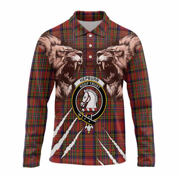 Hepburn Tartan Crest Long Sleeve Polo Shirt Ferocious Lion Style