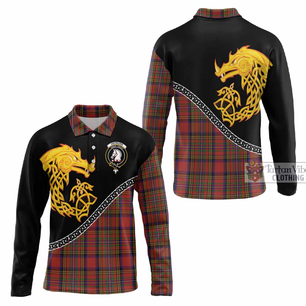 Hepburn Tartan Crest Long Sleeve Polo Shirt Legendary Dragon Knot Half Style