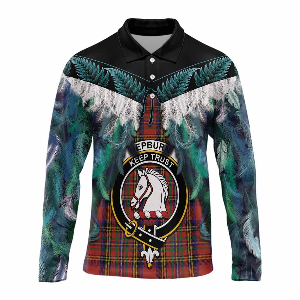 Hepburn Tartan Crest Long Sleeve Polo Shirt New Zealand Maori Korowai Cloak