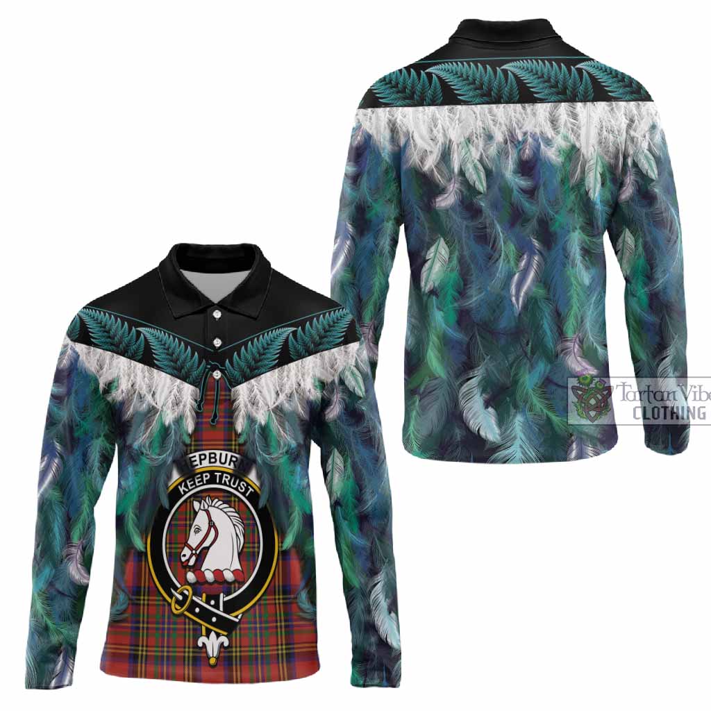 Hepburn Tartan Crest Long Sleeve Polo Shirt New Zealand Maori Korowai Cloak