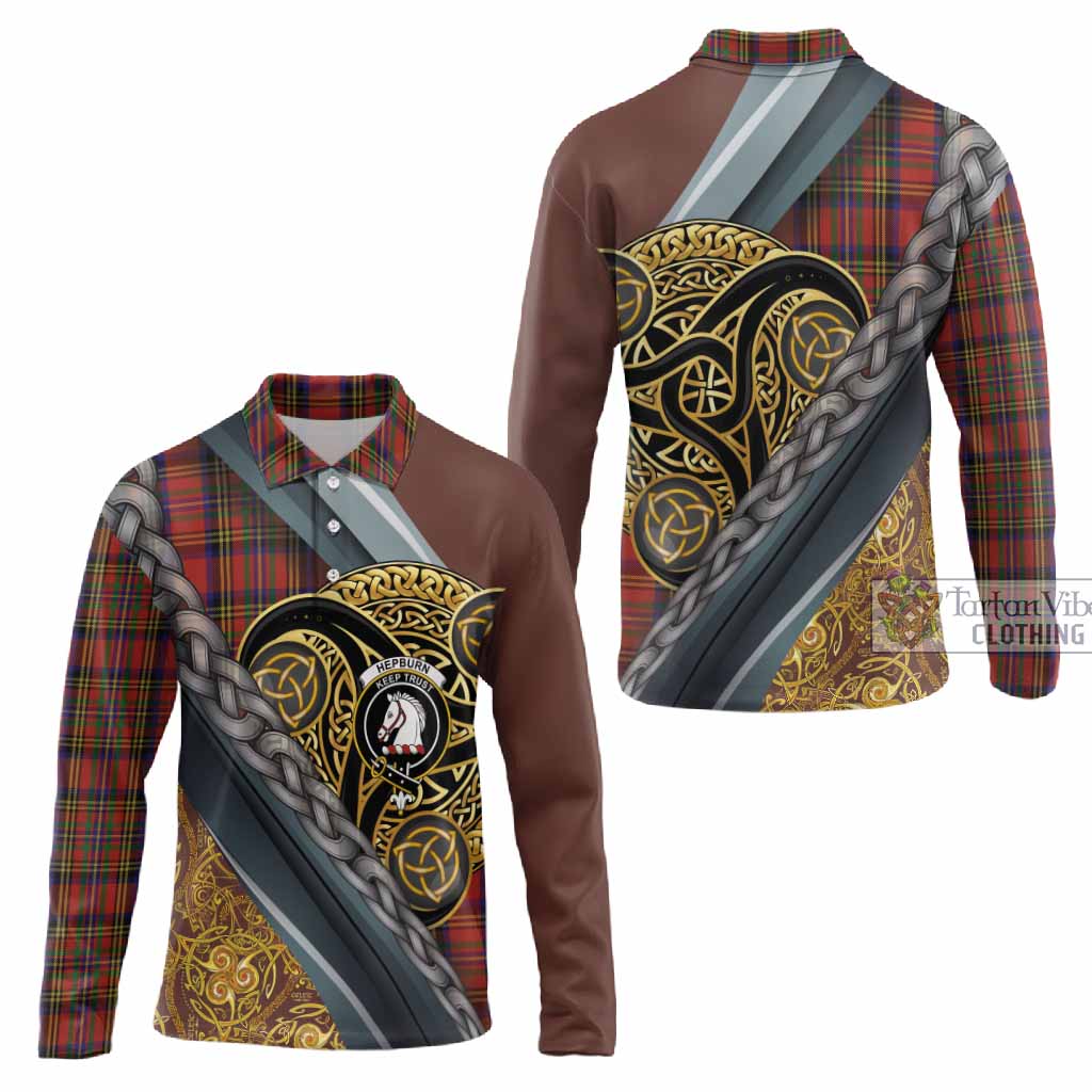 Hepburn Tartan Crest Long Sleeve Polo Shirt Scottish Triskele Celtic